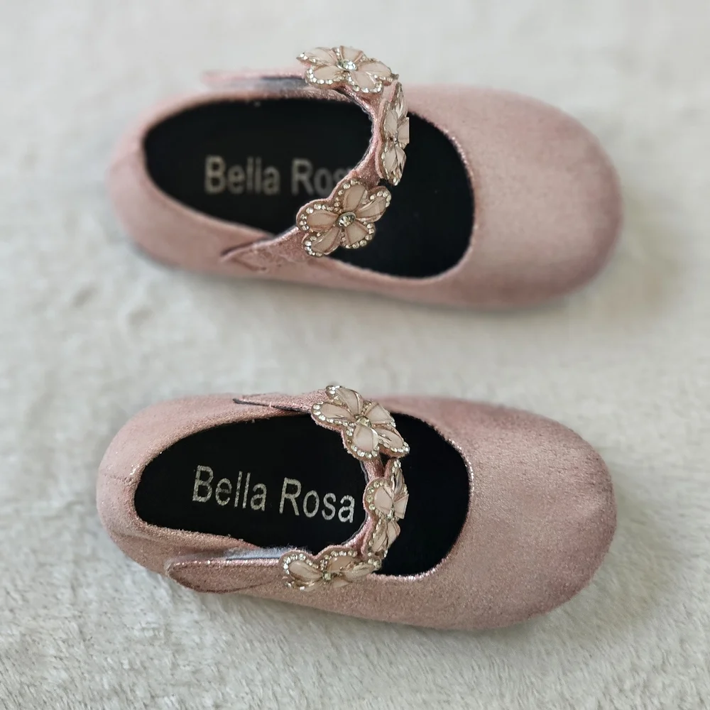 BELLA ROSA | Toddler Little Girls Glitter Pink Flowers Mary Jane Dress Shoes